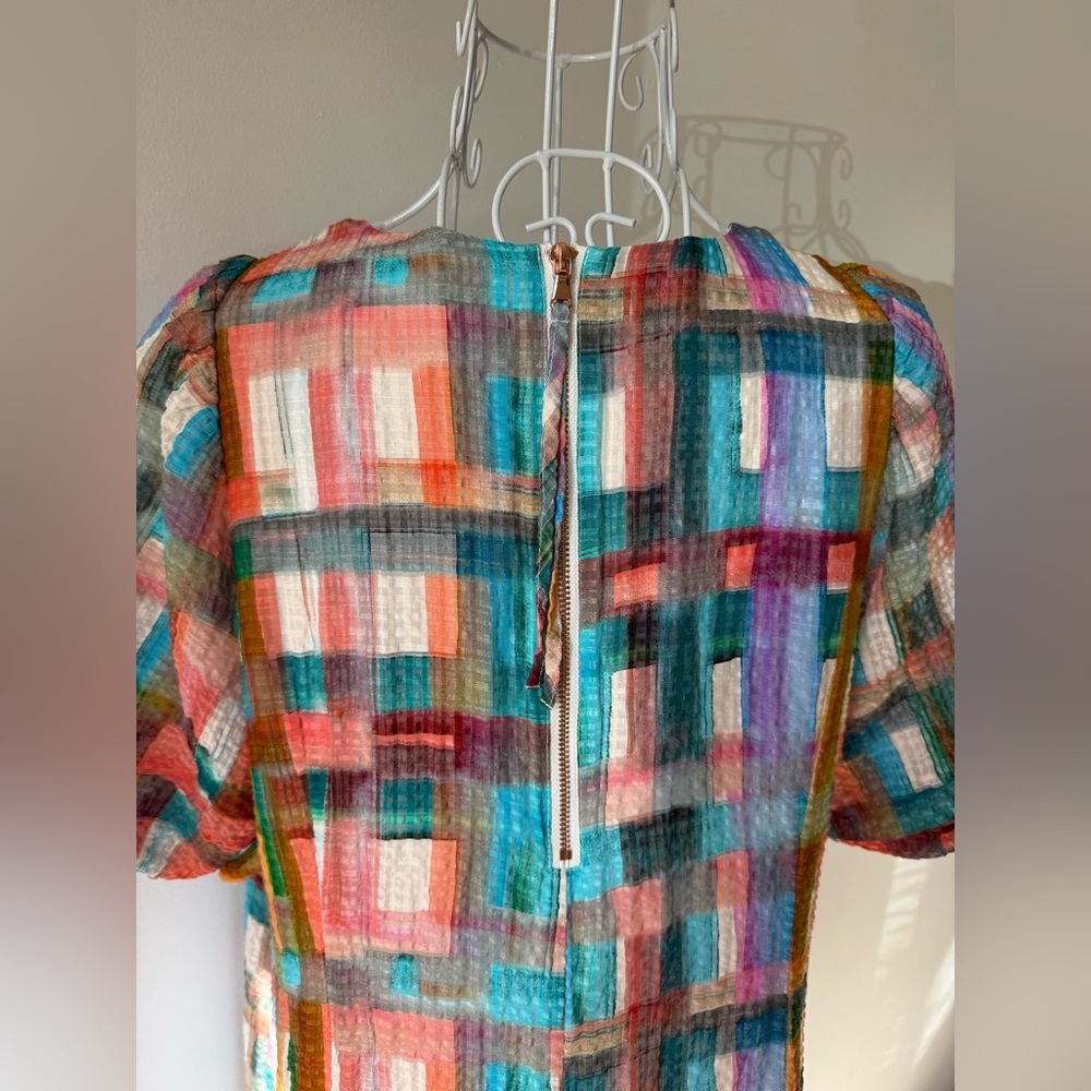 Marie Oliver Linen Silk Blend Plaid Dress Multicolor Puff Sleeve Size M - Picture 5 of 8